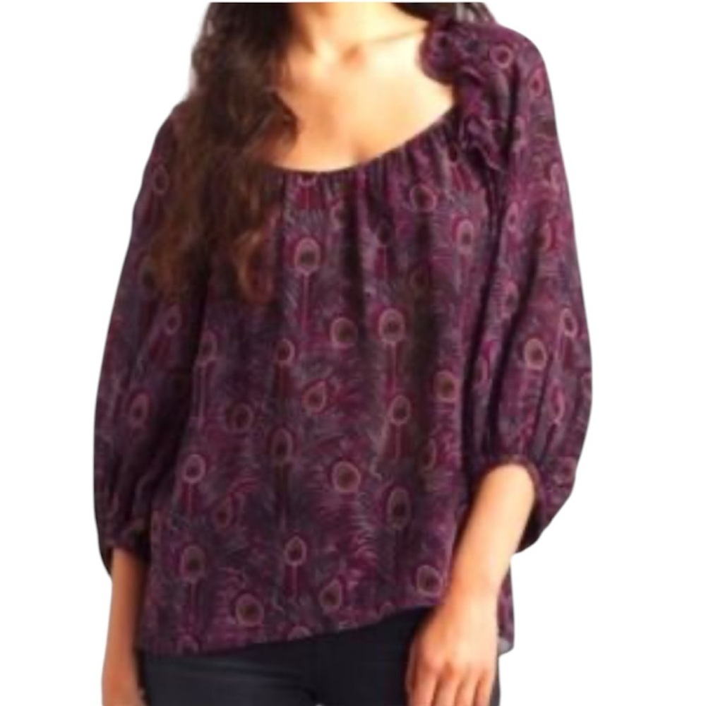 Vintage Y2K Nanette Lepore Feather Purple Ruffle long sleeve silk blouse 0/XS